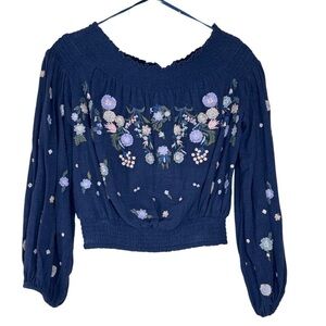 Free People Navy Floral Embroidered Blouse